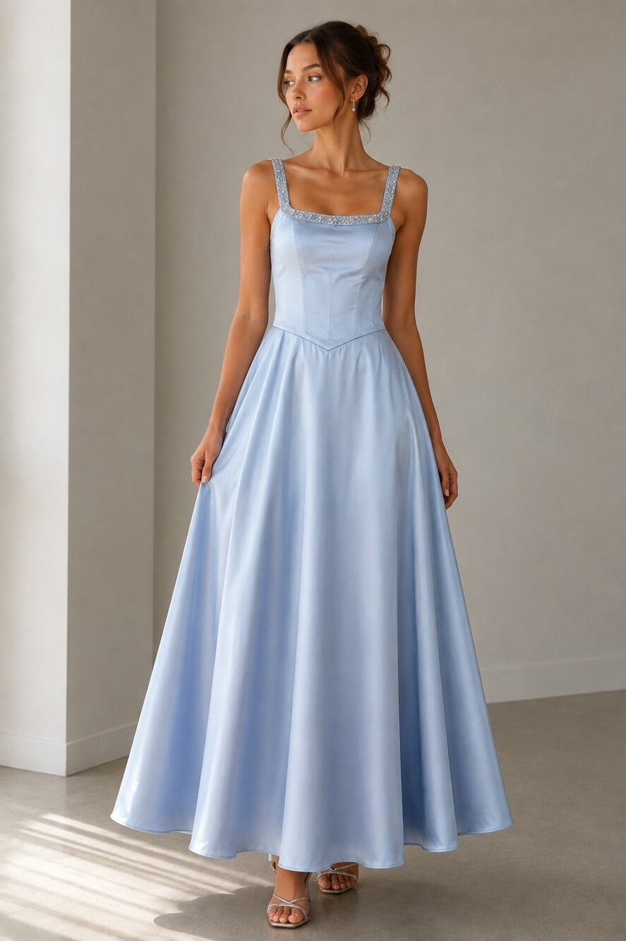 Vtg B2 Y2K Blue Satin Formal Gown Dress Beaded Prom Ballgown Size 4 Cinderella